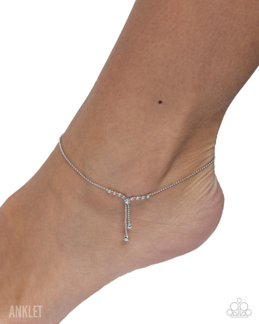 Paparazzi Darling Disposition - White Rhinestone Gem Silver Tassel Anklet
