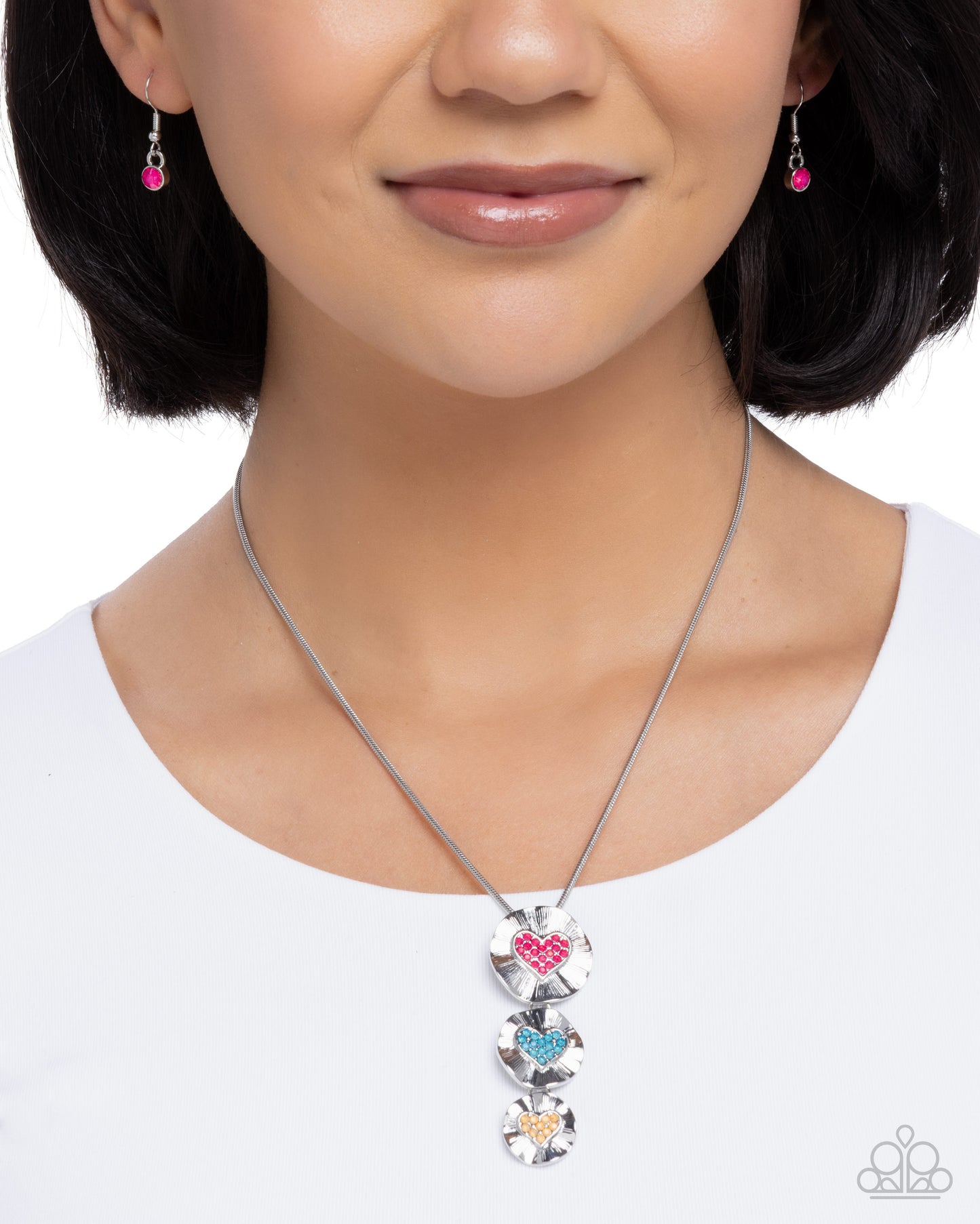 Paparazzi Swaying Sweetheart - Multi Blue, Light Orange & Pink Winterberry Heart Silver Necklace N3987