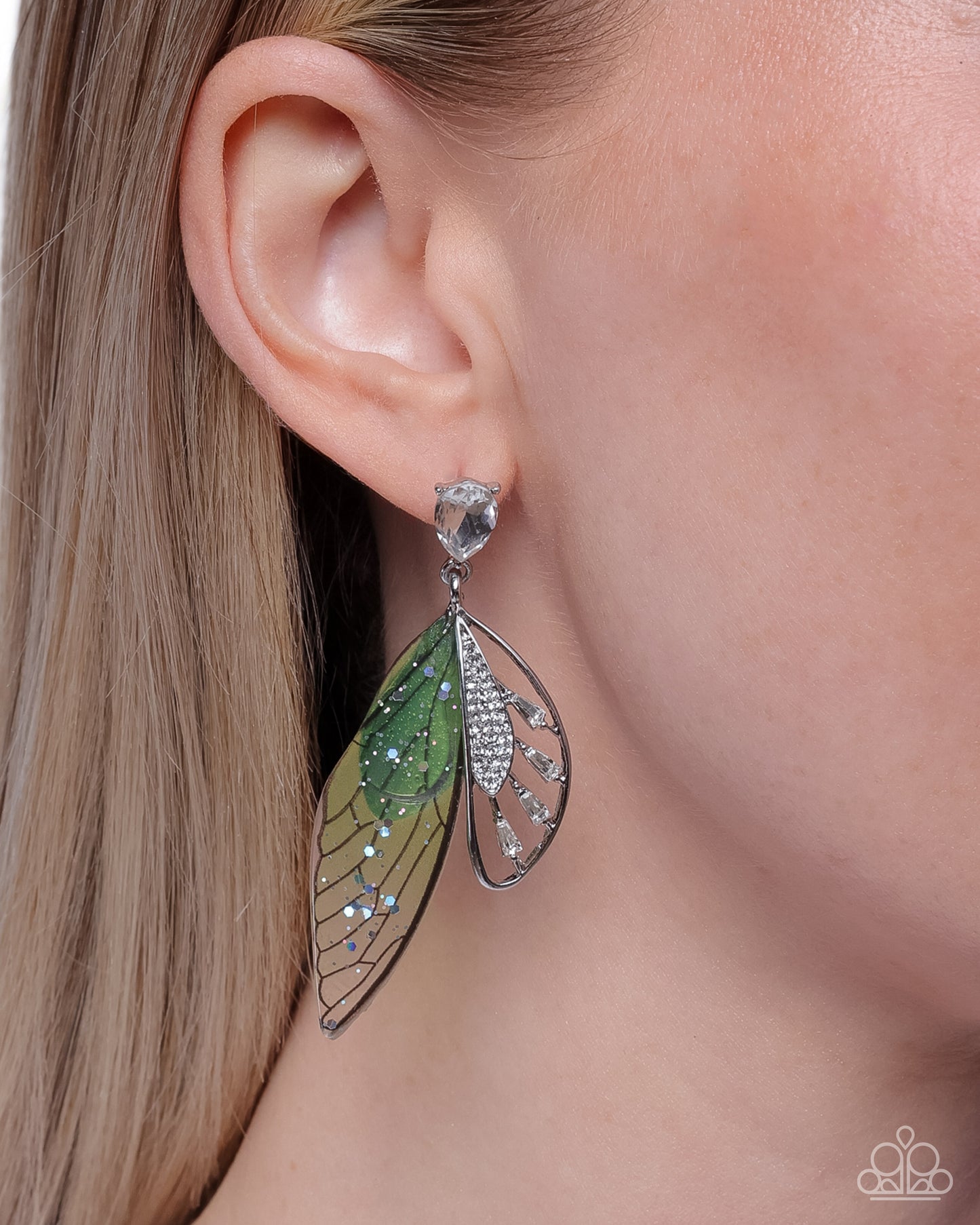 Paparazzi Floating Facade - Multi Green, White Rhinestone, Silver Dragonfly Wing Earring E3382