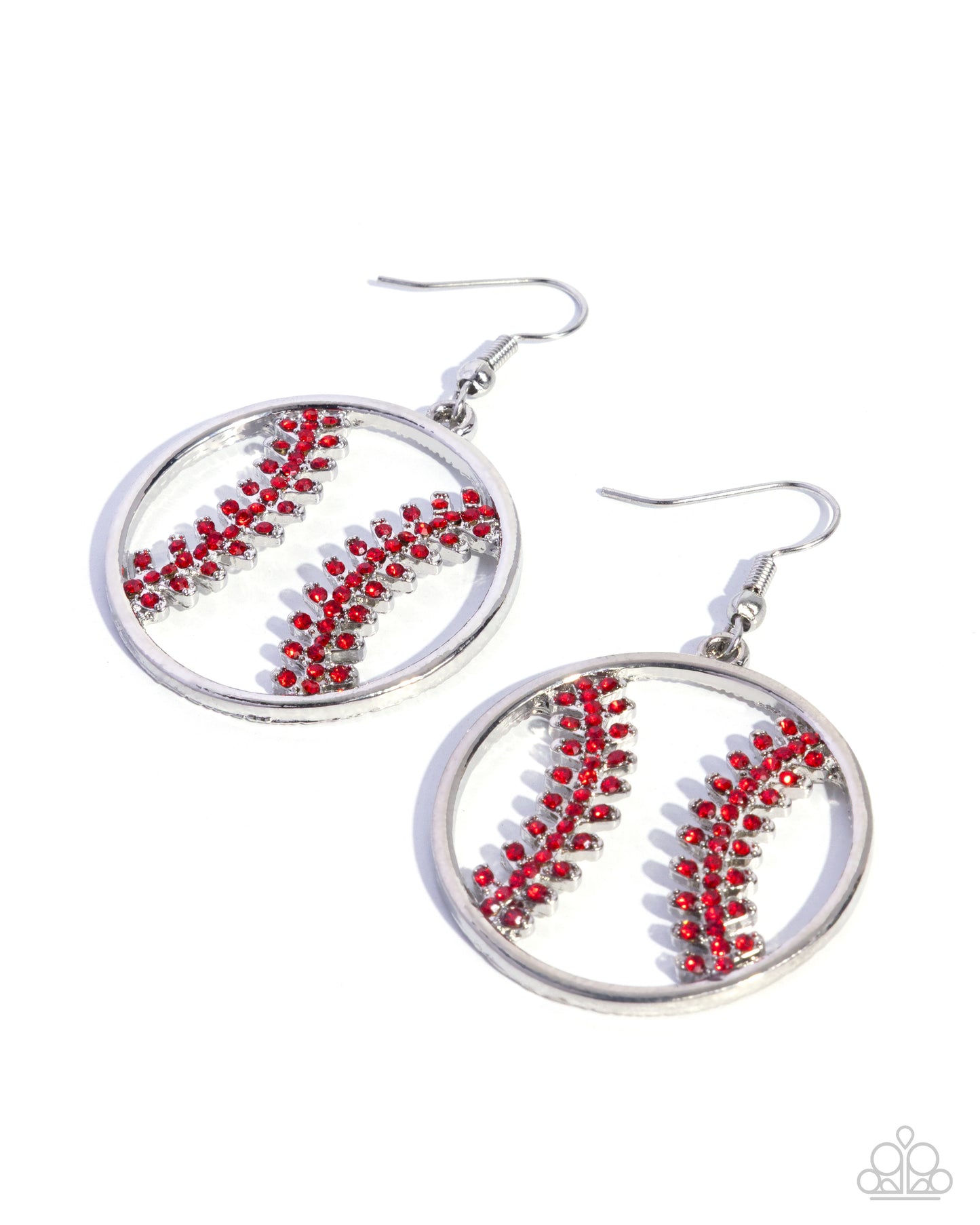 Paparazzi Ninth Inning - Red Rhinestone Silver Baseball Style Sport Earring E3370