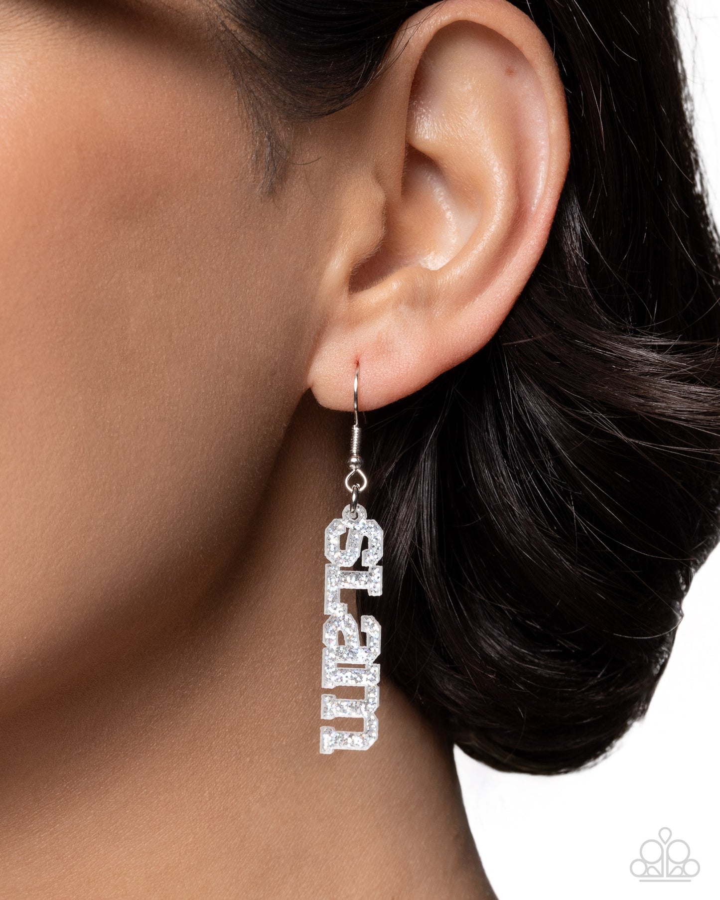 Paparazzi Slam Dunk Statement - Silver Glitter White Acrylic "SLAM" "DUNK" Sport Earrings