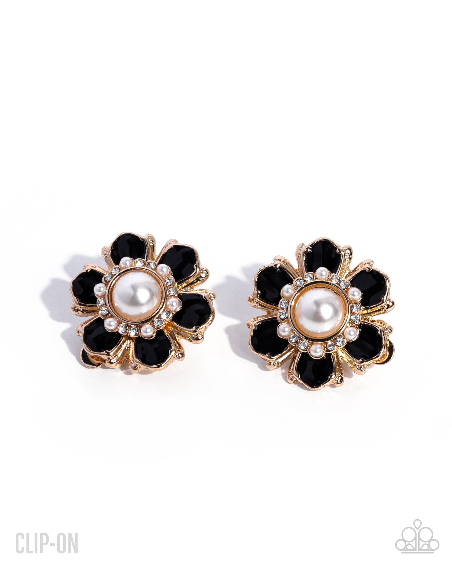 Paparazzi Bigger and Better - Black Painted Gold Flower Clip On Earring E3418
