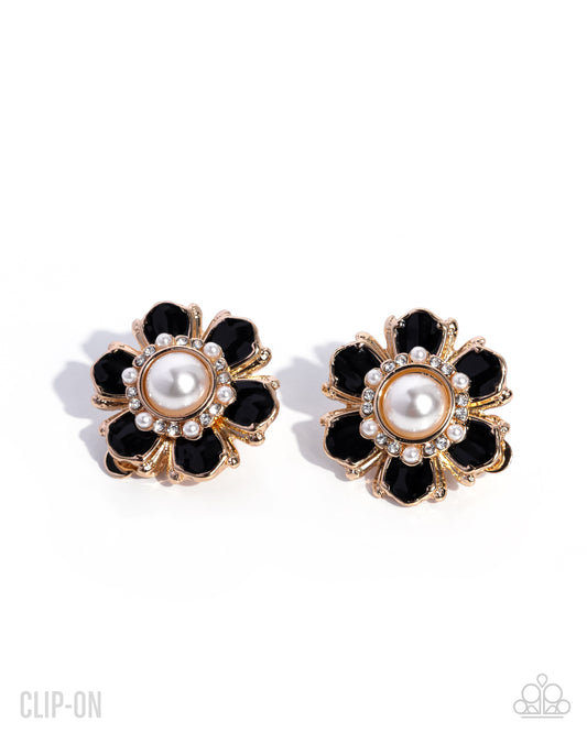 Paparazzi Bigger and Better - Black Painted Gold Flower Clip On Earring E3418