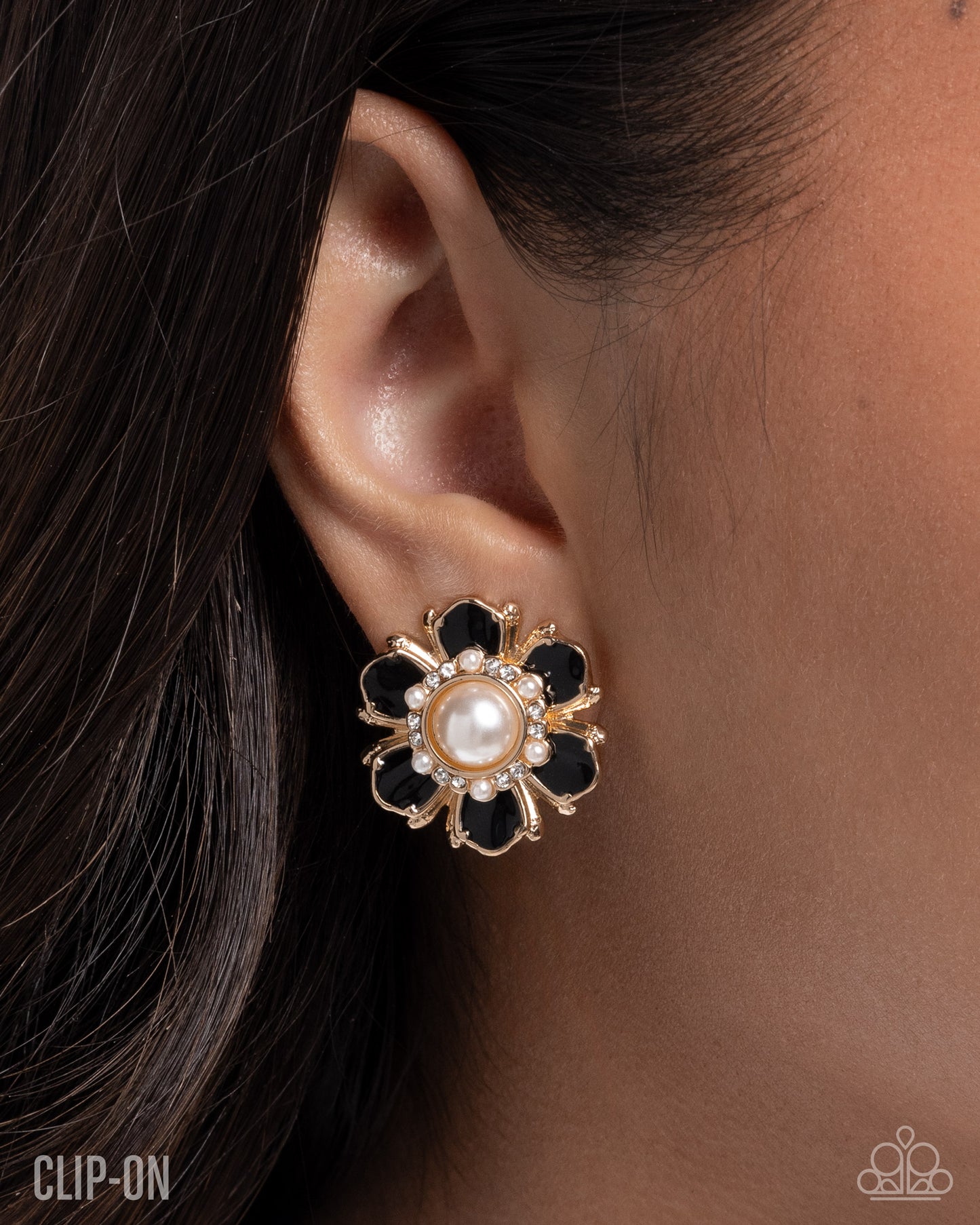 Paparazzi Bigger and Better - Black Painted Gold Flower Clip On Earring E3418