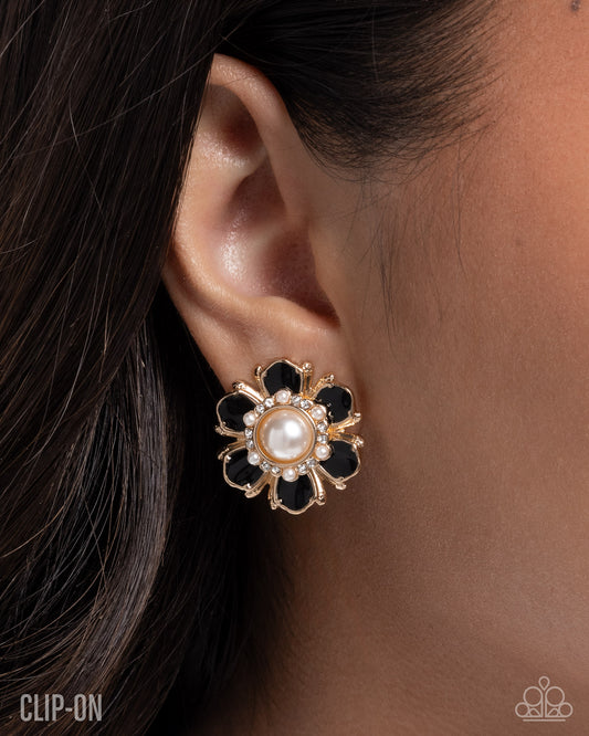 Paparazzi Bigger and Better - Black Painted Gold Flower Clip On Earring E3418