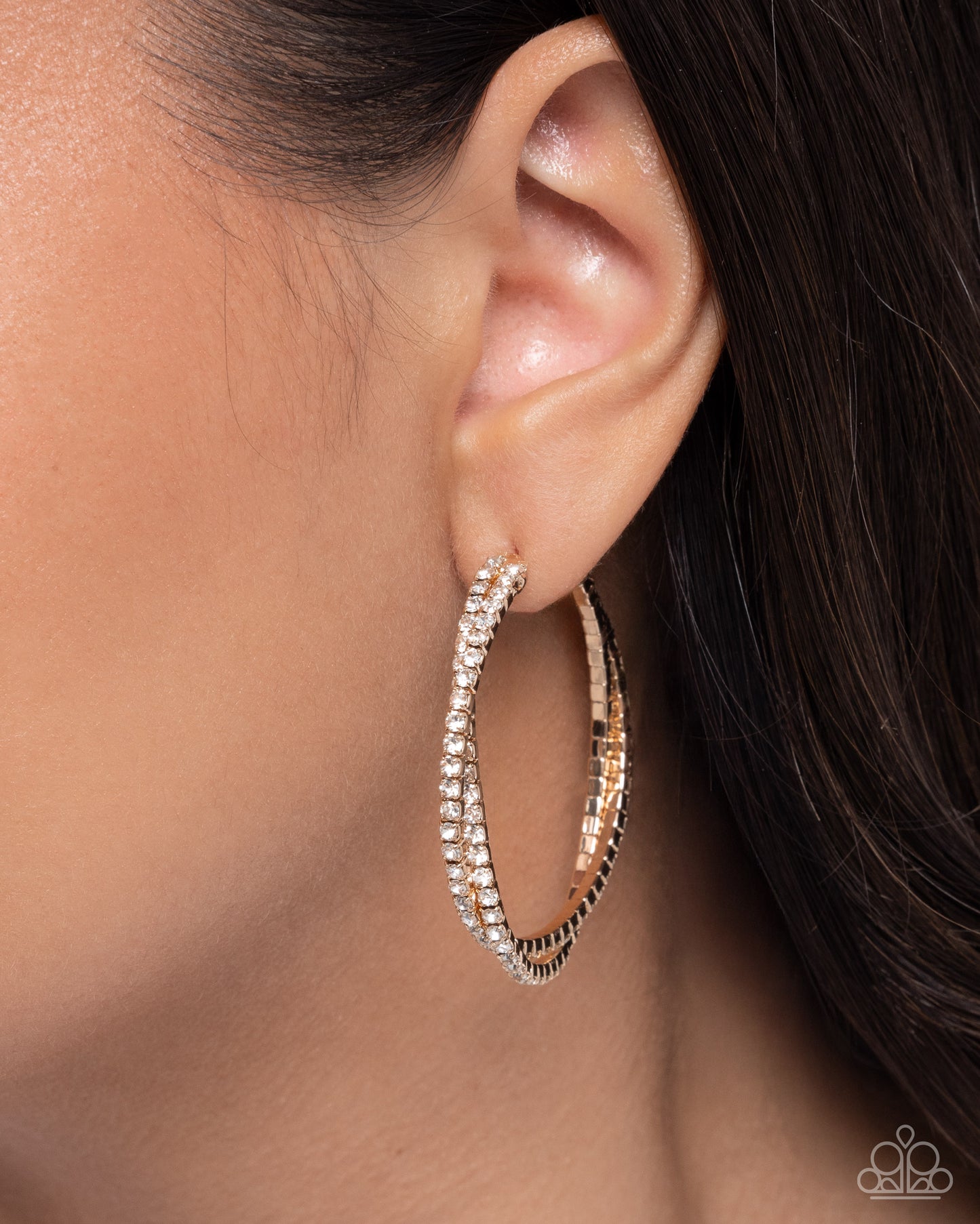 Paparazzi Shopping for Sparkle - Gold & White Rhinestone 1 3/4 Inch Hoop Earring