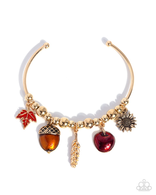 Paparazzi Harvest Habit - Gold, Thanksgiving Charm Apple, Sunflower, Wheat, Acorn Cuff Bracelet B2342