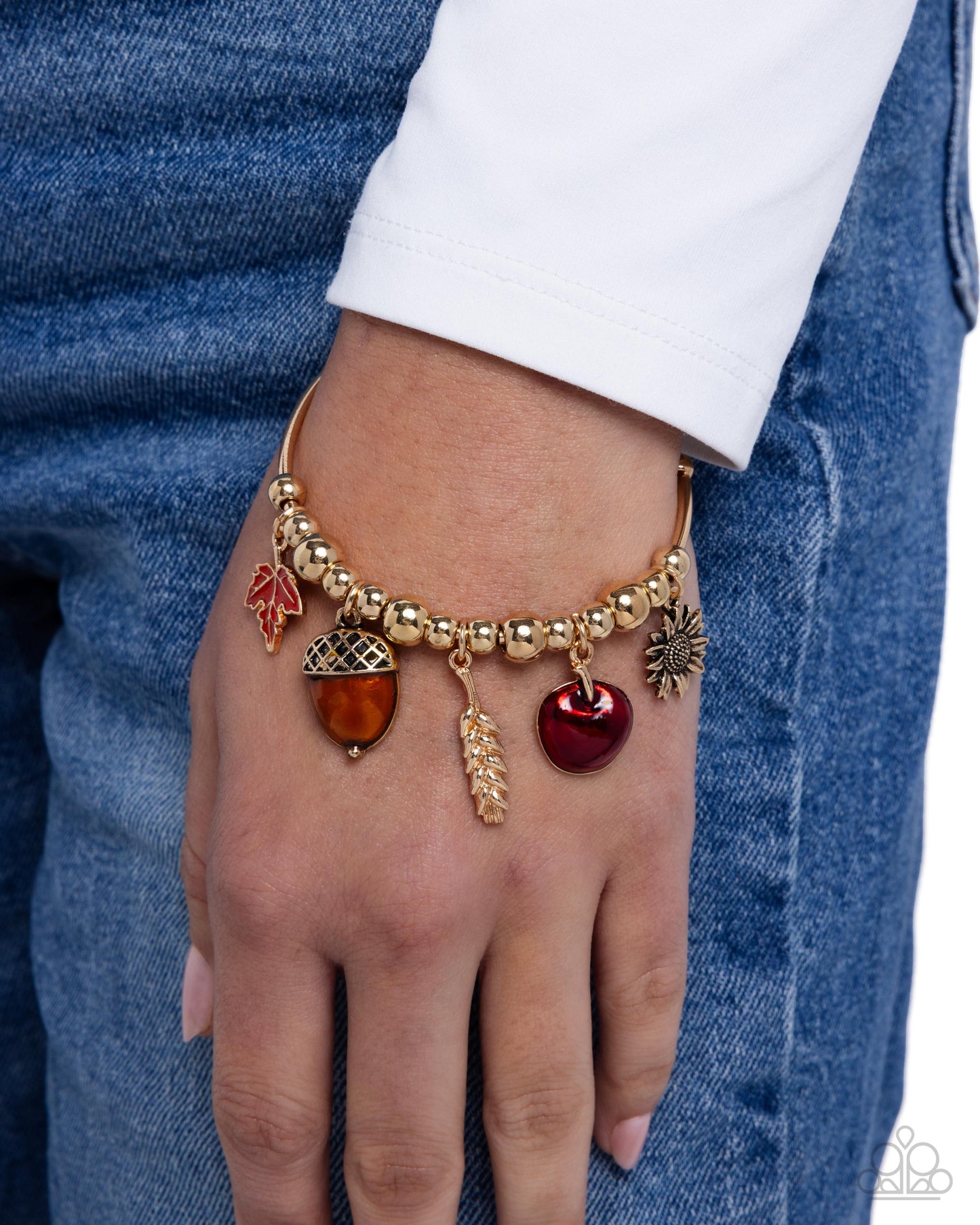 Paparazzi Harvest Habit - Gold, Thanksgiving Charm Apple, Sunflower, Wheat, Acorn Cuff Bracelet B2342