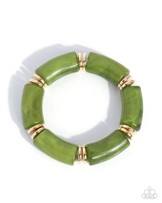 Paparazzi Photo Ready - Green - Glossy Green Acrylic & Gold Stretch Bracelet B2517