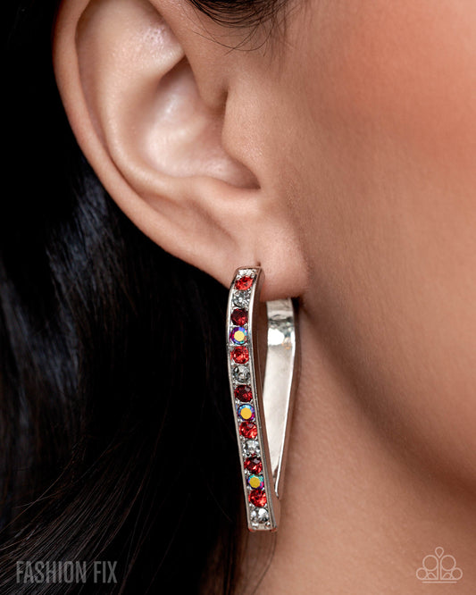 Paparazzi Spontaneous Shine - Red, Smoky, Red Iridescent Rhinestone Silver 3/4 Inch Teardrop Hoop Earring Sunset Sightings Fashion Fix November 2025