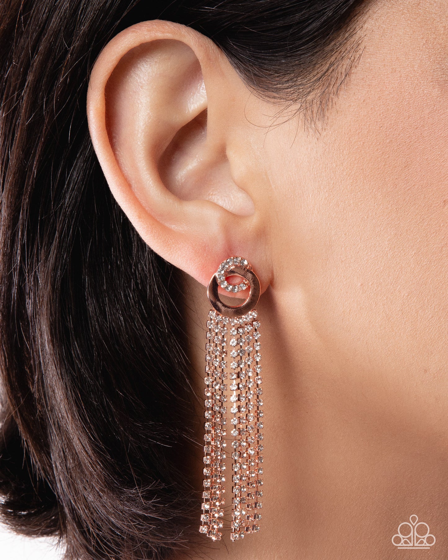Paparazzi Seldom Strands - Copper - Shiny Copper White Rhinestone Fringe Earring E3390