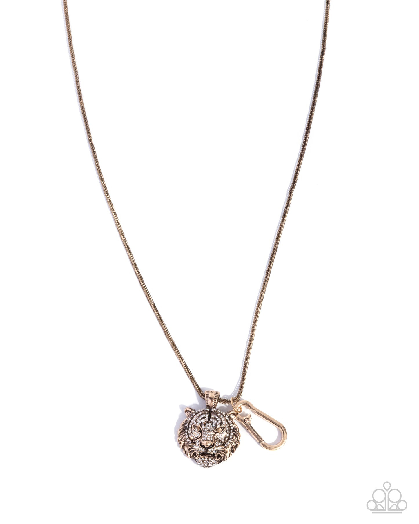 Paparazzi Tenacious Tiger - Gold & White Rhinestone Tiger's Head Lanyard Necklace N3893