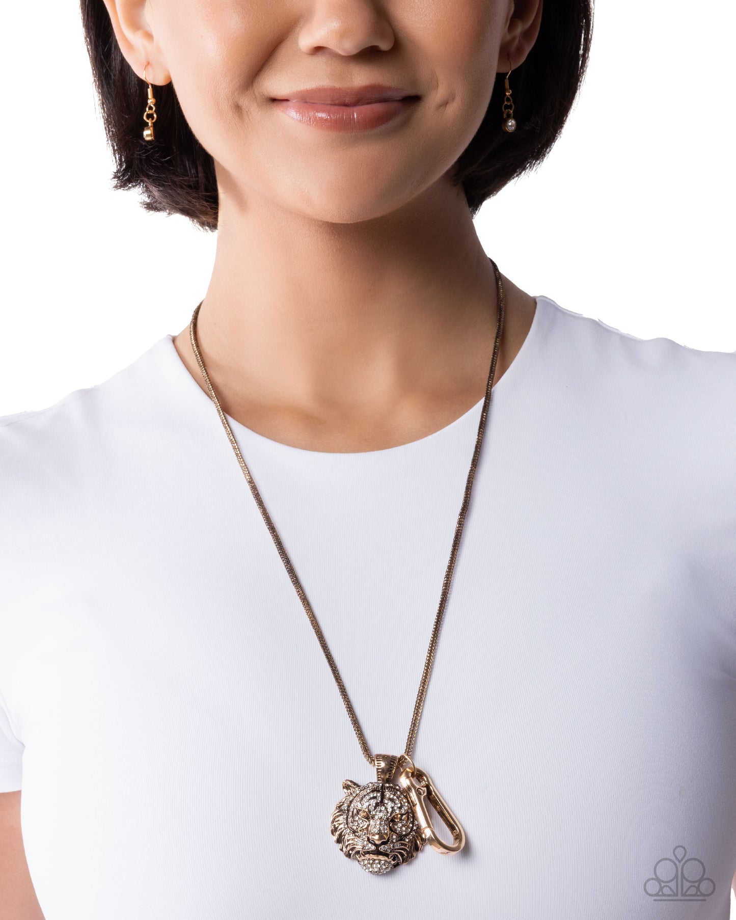 Paparazzi Tenacious Tiger - Gold & White Rhinestone Tiger's Head Lanyard Necklace N3893