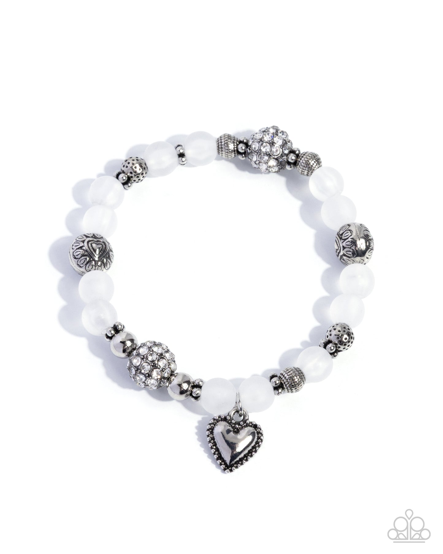 Paparazzi Valentines Story - White Milky Transparent Bead, White Rhinestone & Silver Heart Padlock Charm Stretch Bracelet B2597