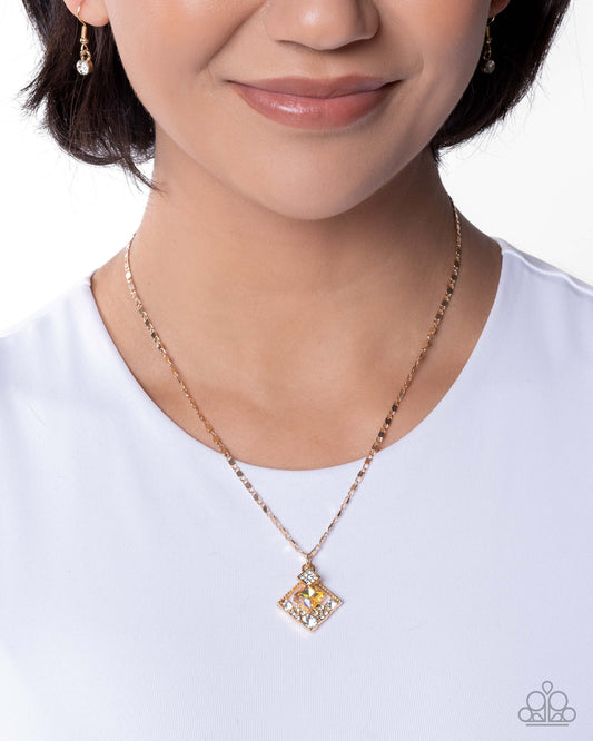 Paparazzi Sentimental Squares - Yellow Gem, White Rhinestone Gold Necklace N3762