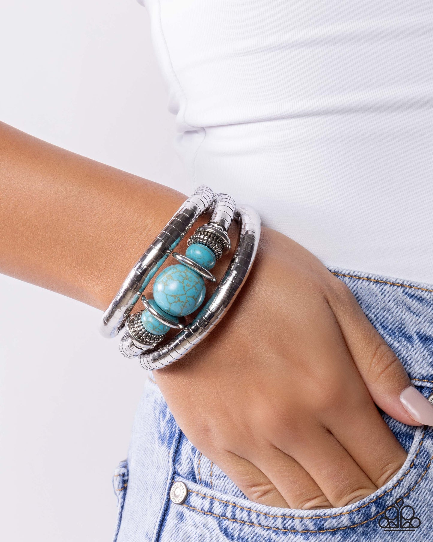 Paparazzi Natural Note - Blue Turquoise Stone Silver Coil Santa Fe Style Bracelet