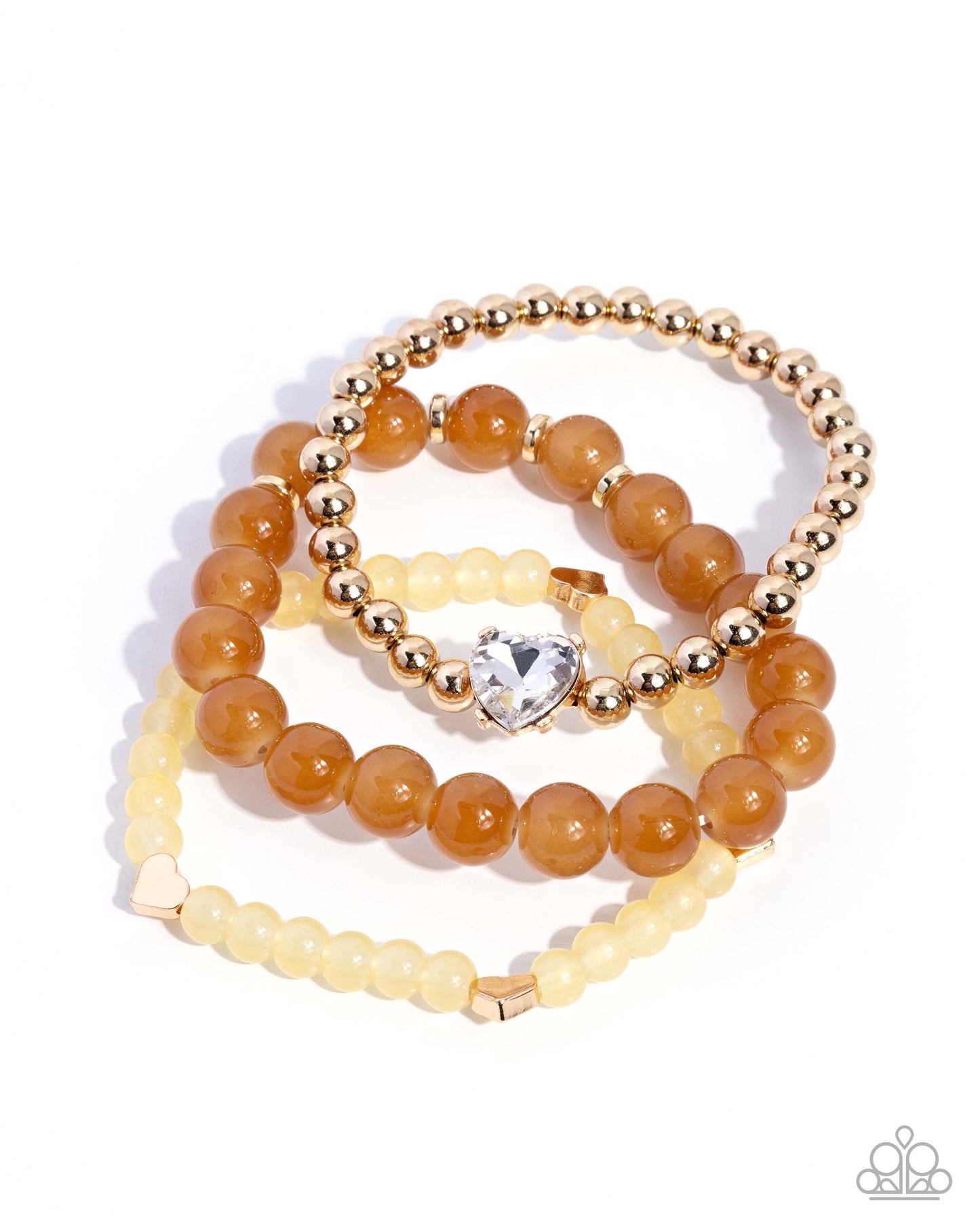 Paparazzi Imperial Impression - Brown, Bran, Cocoon & Gold Bead White Heart Gem Set Of 3 Stretch Bracelets B2689