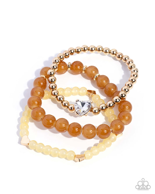 Paparazzi Imperial Impression - Brown, Bran, Cocoon & Gold Bead White Heart Gem Set Of 3 Stretch Bracelets B2689