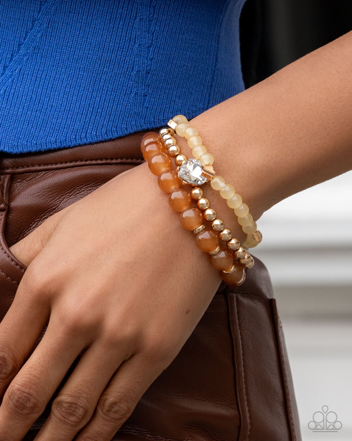 Paparazzi Imperial Impression - Brown, Bran, Cocoon & Gold Bead White Heart Gem Set Of 3 Stretch Bracelets B2689