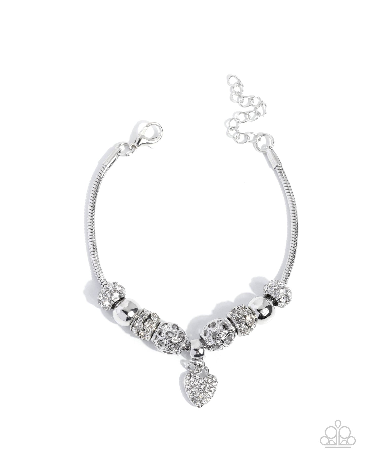 Paparazzi Romantic Roulette - White Rhinestone Bead Silver Snake Chain Bracelet B2513