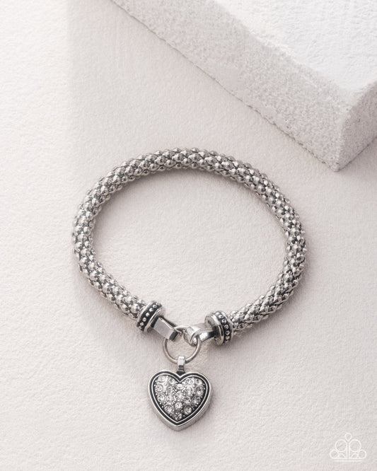 Paparazzi Heartfelt Hostess - White Rhinestone Silver Charm Stretch Bracelet