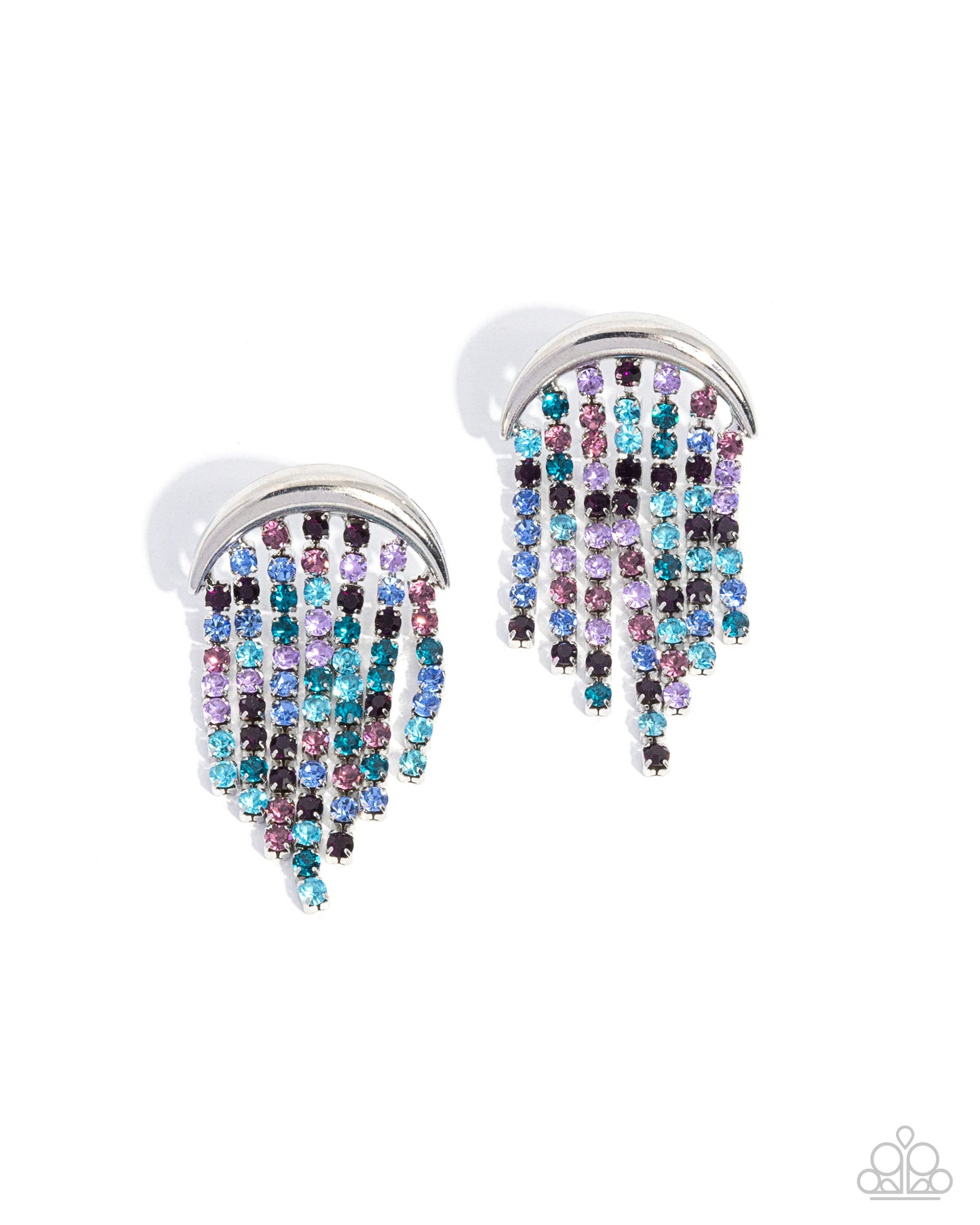 Paparazzi Fractal Fringe - Multicolored Blue, Purple & Pink Rhinestone Silver Post Earring E33488