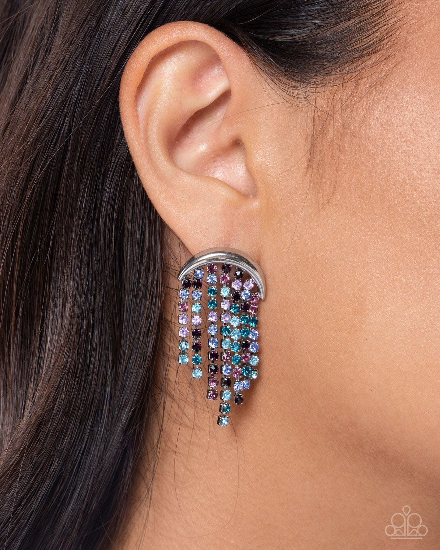 Paparazzi Fractal Fringe - Multicolored Blue, Purple & Pink Rhinestone Silver Post Earring E33488