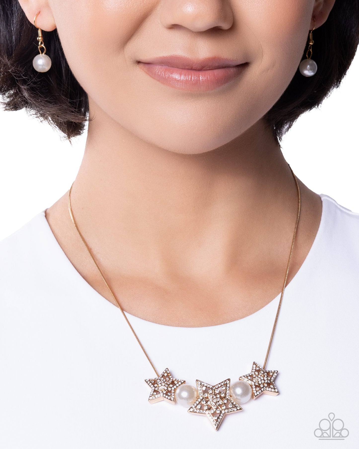 Paparazzi Stellar Scout - Gold, White Rhinestone & Pearl Bead Star Necklace N3972