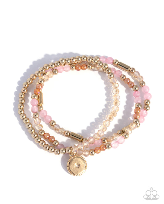 Paparazzi Studded Stack - Pink Stone, Peach, Opalescent Meerkat Bead Set Of 3 Stretch Bracelets B2730`
