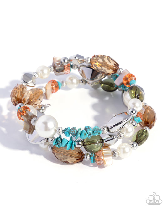 Paparazzi Trendy Traveler - Brown - Bronze Brown, Silver, White Pearl, Turquoise Bead Coil Bracelet B2421