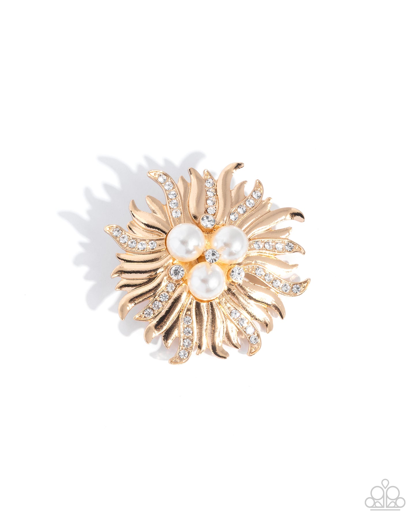 Paparazzi Ornate Operation - Gold Sun, White Pearl & Rhinestone Lapel Pin Brooch BR042