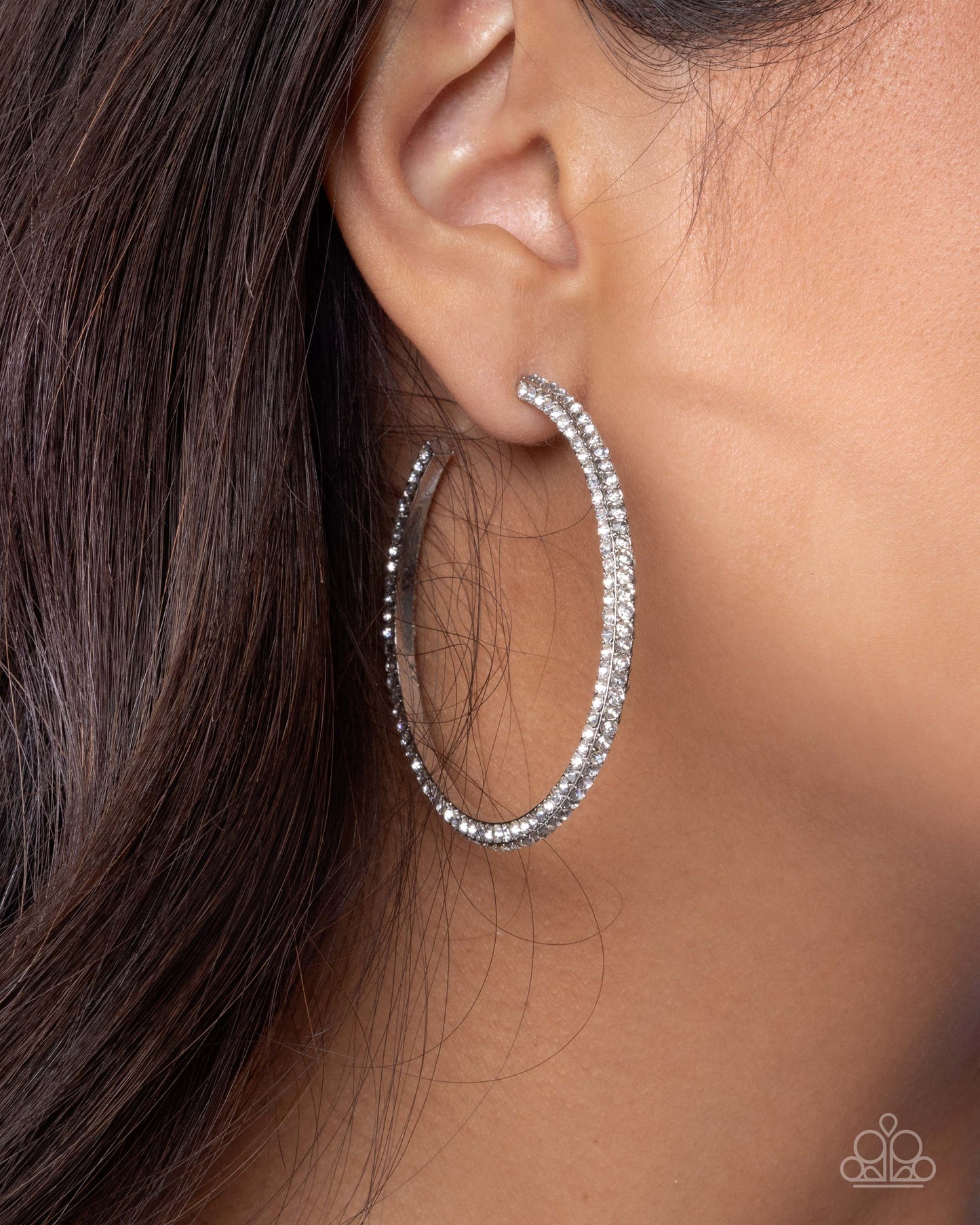 Paparazzi Solemn Shimmer - White Rhinestone 2 Inch Hoop Earring