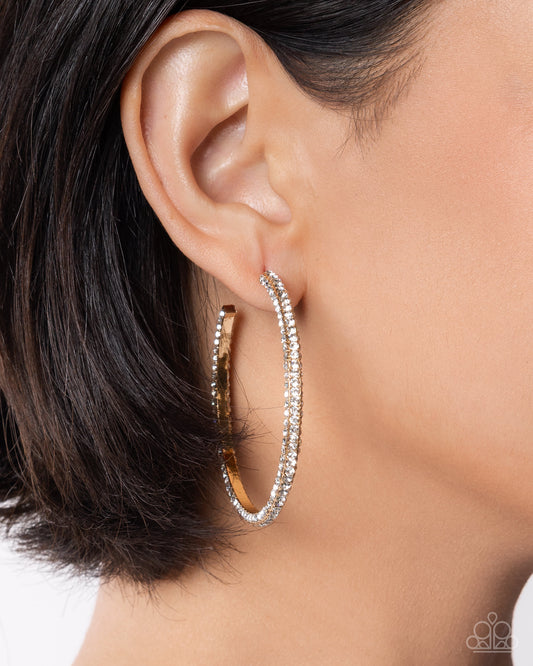 Paparazzi Solemn Shimmer - Gold & White Rhinestone 2 Inch Hoop Earring