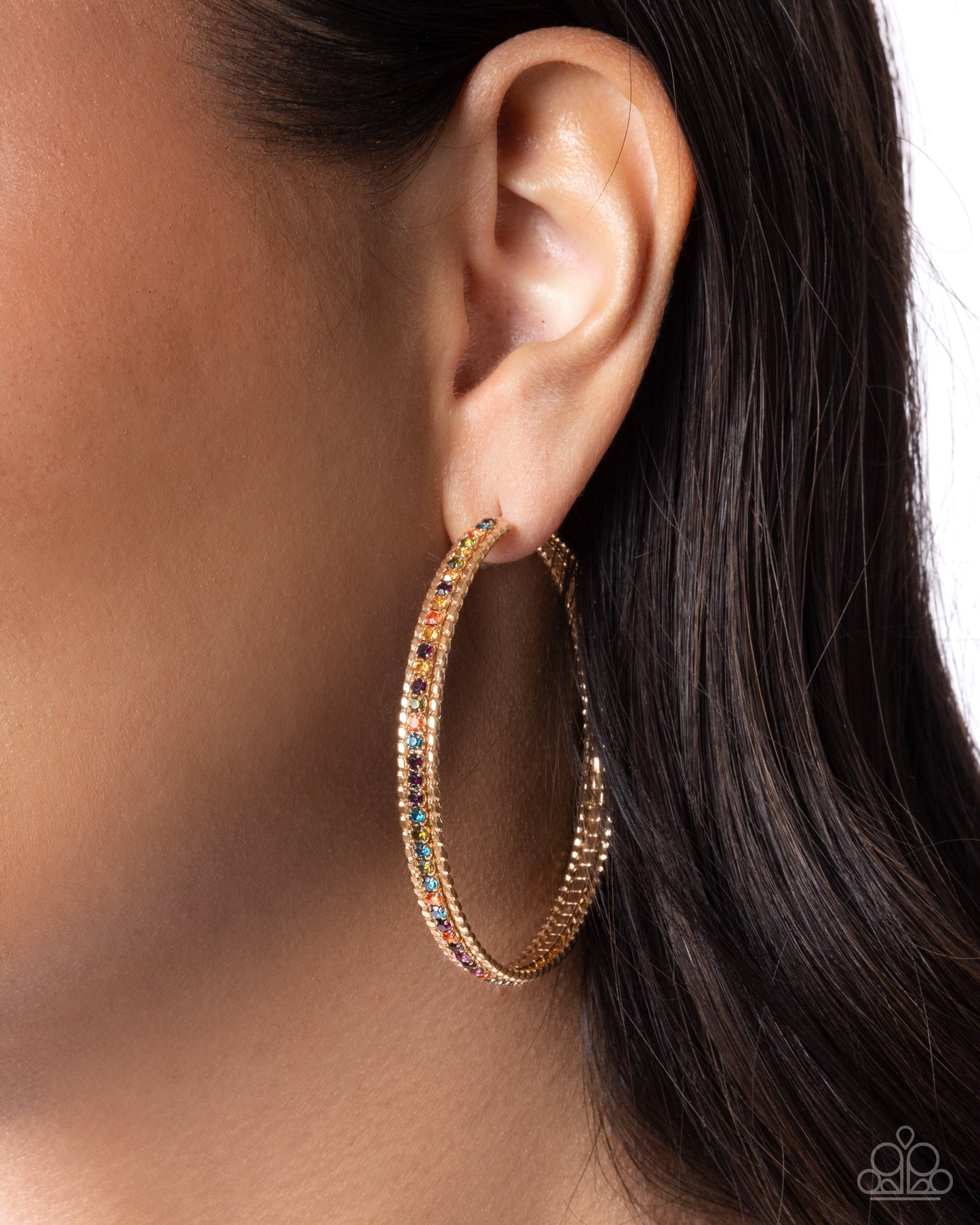 Paparazzi Candescent Collision - Gold & Multicolored Rhinestone 2 1/4 Inch Hoop Earring E3357