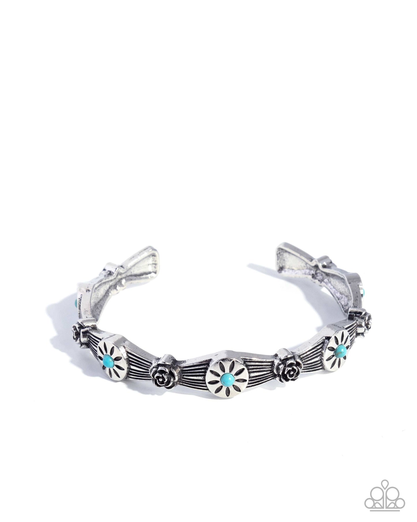 Paparazzi Twisted Tabloid - Blue Turquoise Stone, Silver Sunburst Santa Fe Style Cuff Bracelet B2704