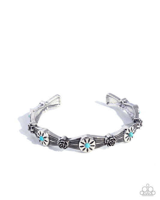 Paparazzi Twisted Tabloid - Blue Turquoise Stone, Silver Sunburst Santa Fe Style Cuff Bracelet B2704