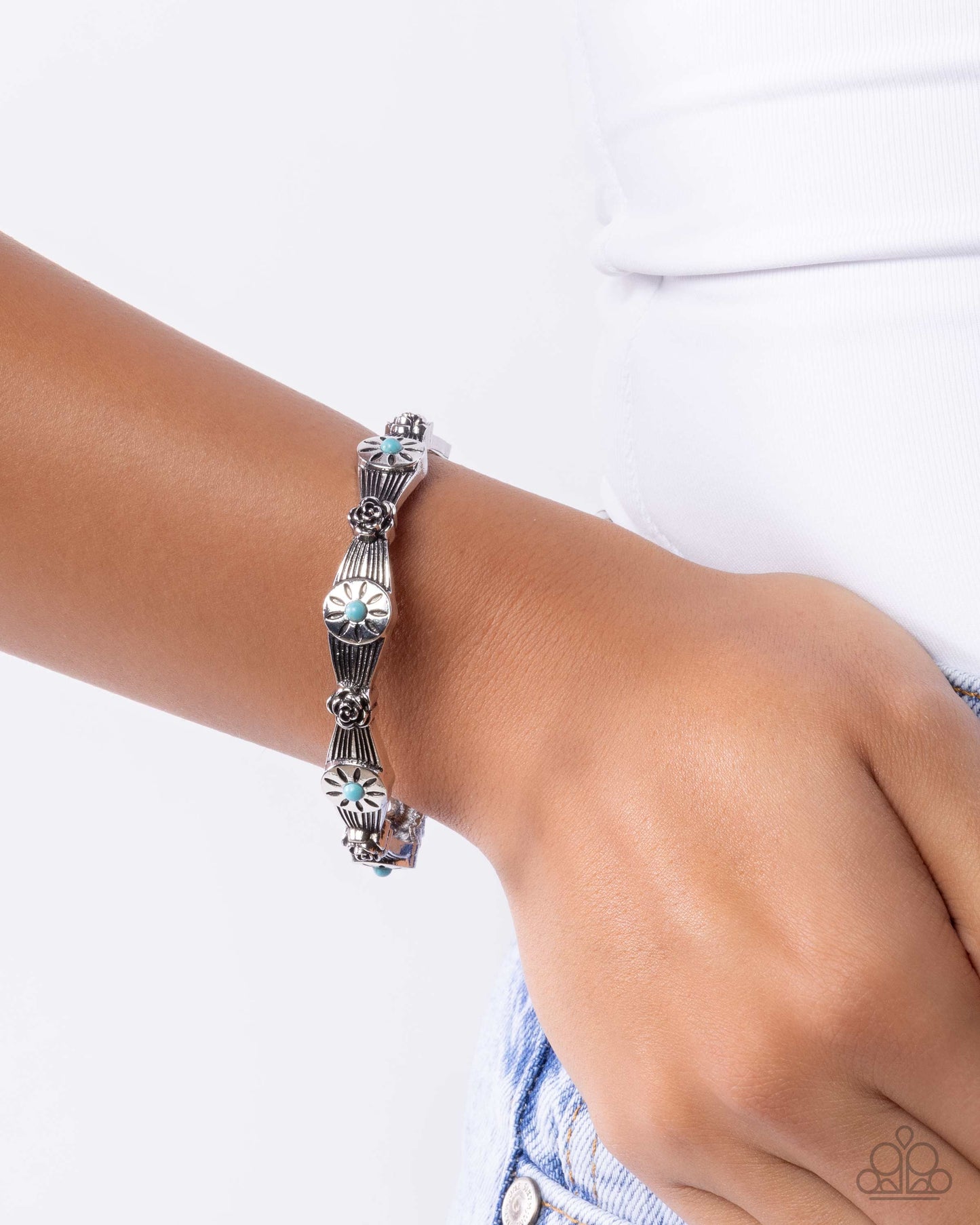 Paparazzi Twisted Tabloid - Blue Turquoise Stone, Silver Sunburst Santa Fe Style Cuff Bracelet B2704