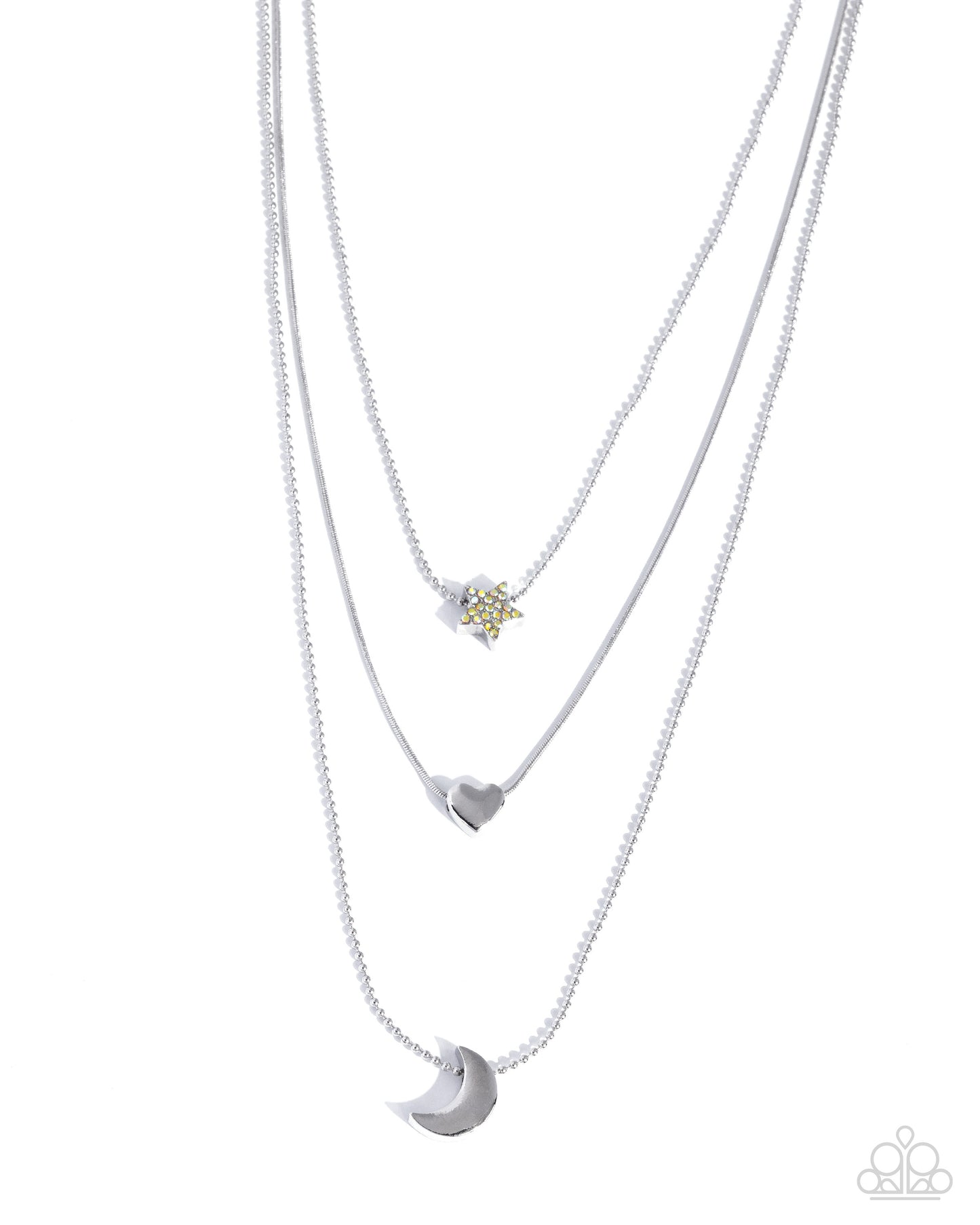 Paparazzi Serious Shapes - Yellow Iridescent Rhinestone Silver Heart & Moon Layered Necklace N3995