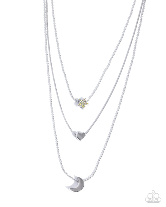 Paparazzi Serious Shapes - Yellow Iridescent Rhinestone Silver Heart & Moon Layered Necklace N3995