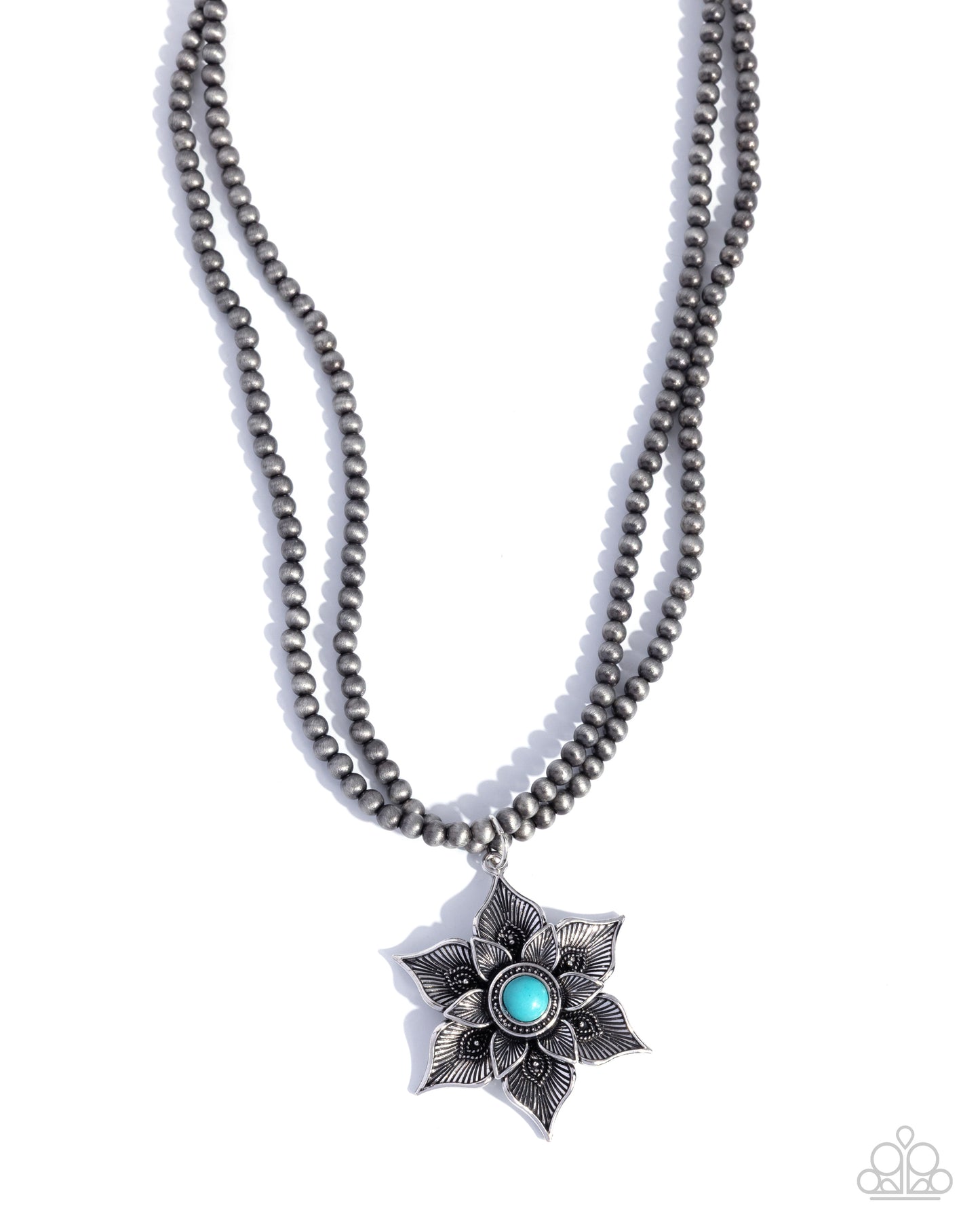 Paparazzi Santa Fe Socialite - Blue Turquoise Stone Silver Flower & Navajo Pearl Santa Fe Style Necklace N1297
