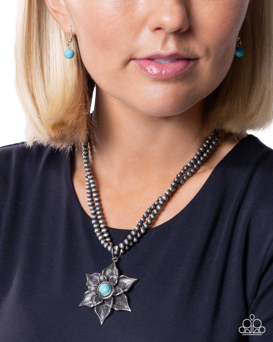 Paparazzi Santa Fe Socialite - Blue Turquoise Stone Silver Flower & Navajo Pearl Santa Fe Style Necklace N1297
