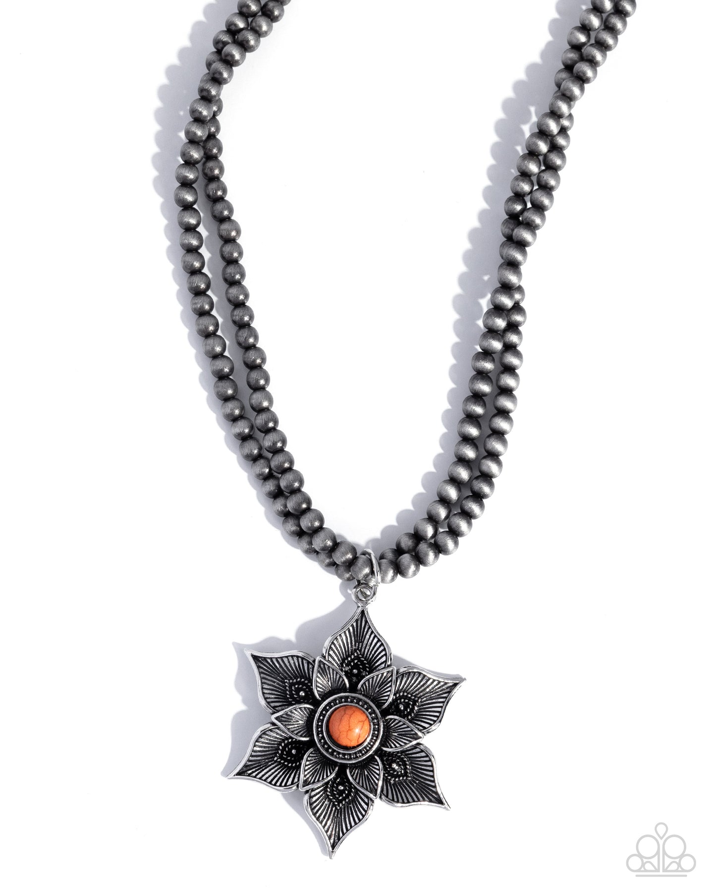Paparazzi Santa Fe Socialite - Orange Stone Silver Flower Navajo Pearl Bead Santa Fe Style Necklace N4013