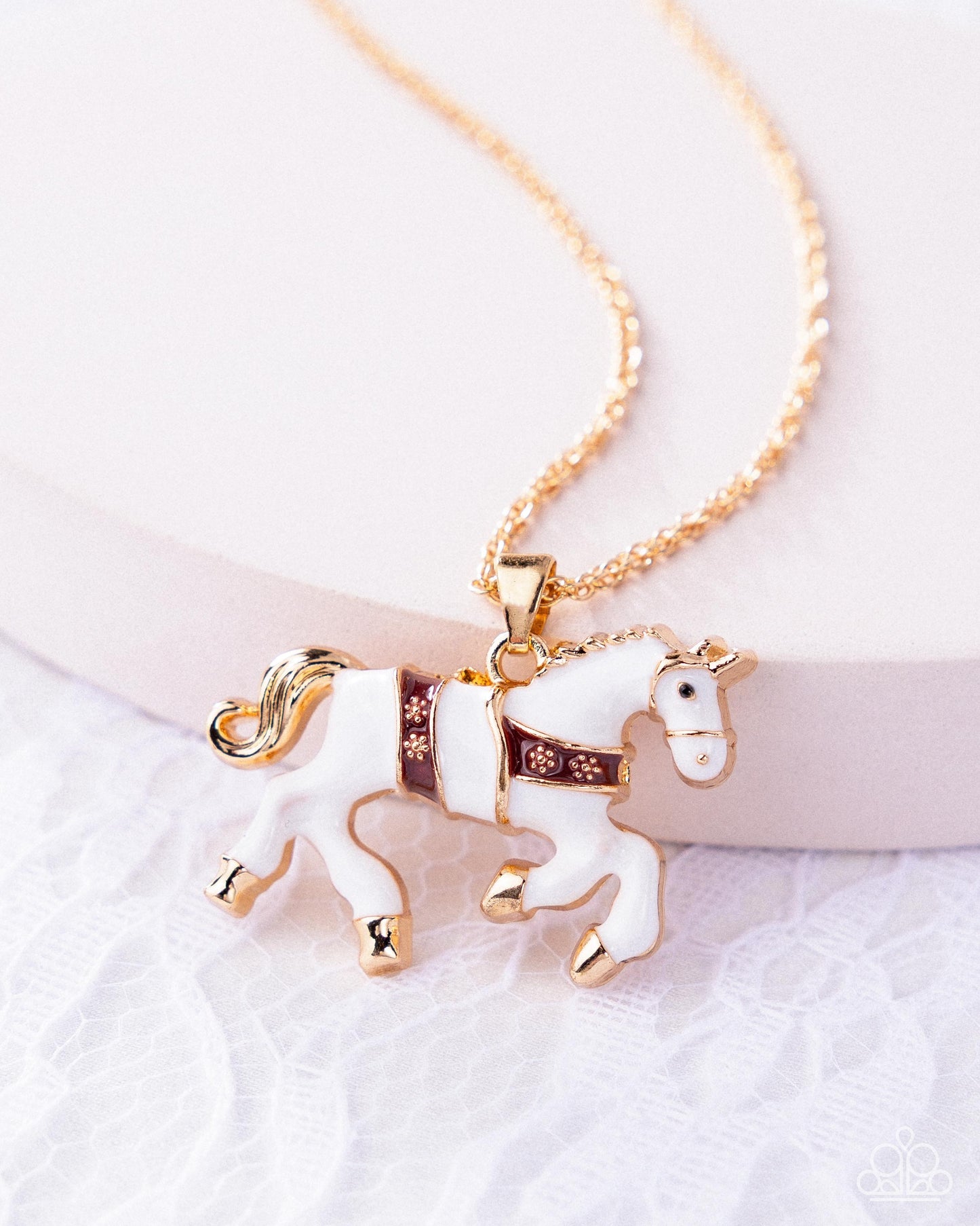 Paparazzi Sleigh Ride - Red, White Carousel Horse Pendant Necklace N3921