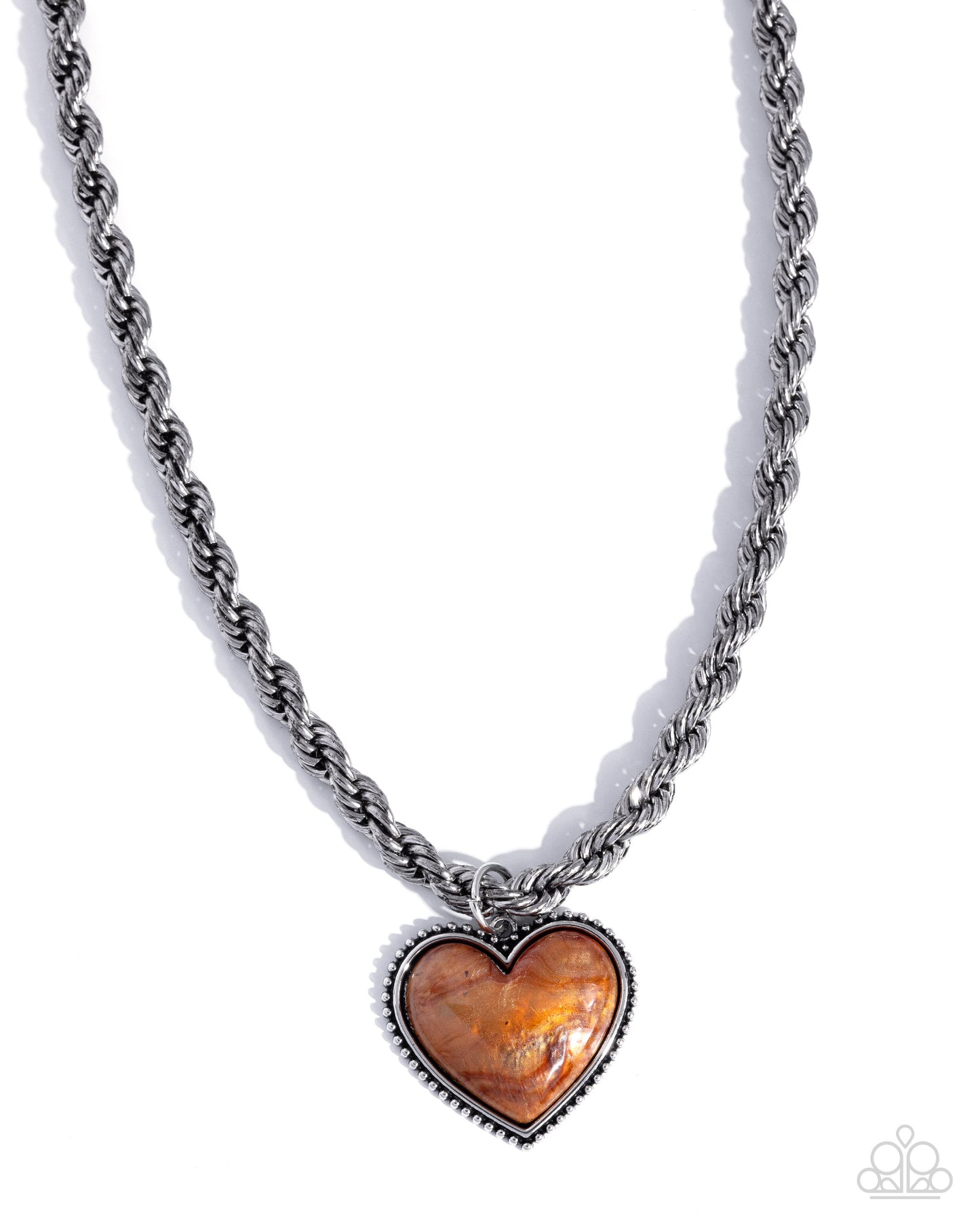 Paparazzi Romantic Rhythm - Orange Pearl Painted Heart Silver Rope Chain Necklace