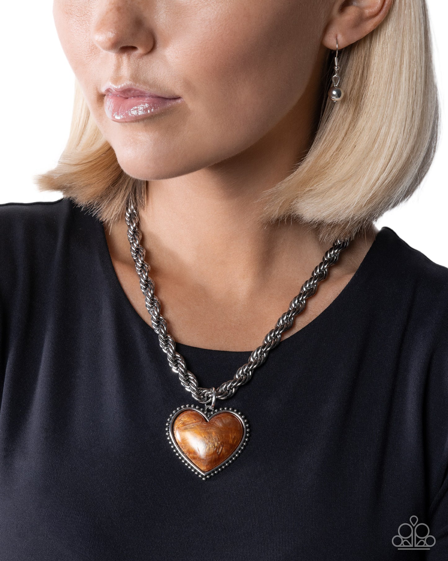 Paparazzi Romantic Rhythm - Orange Pearl Painted Heart Silver Rope Chain Necklace