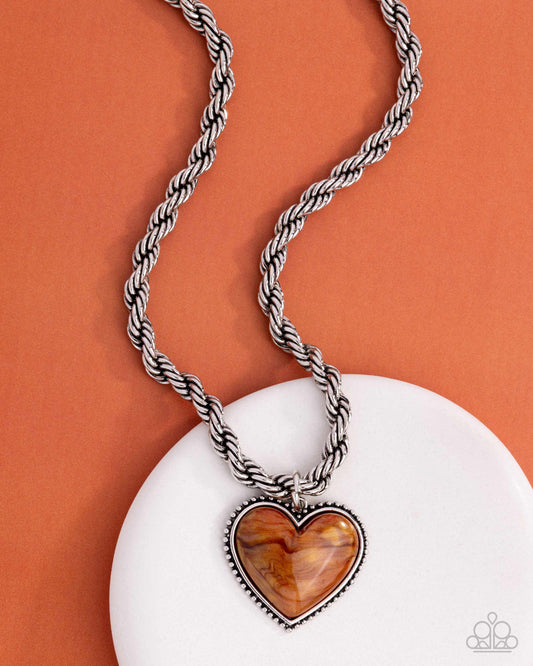 Paparazzi Romantic Rhythm - Orange Pearl Painted Heart Silver Rope Chain Necklace