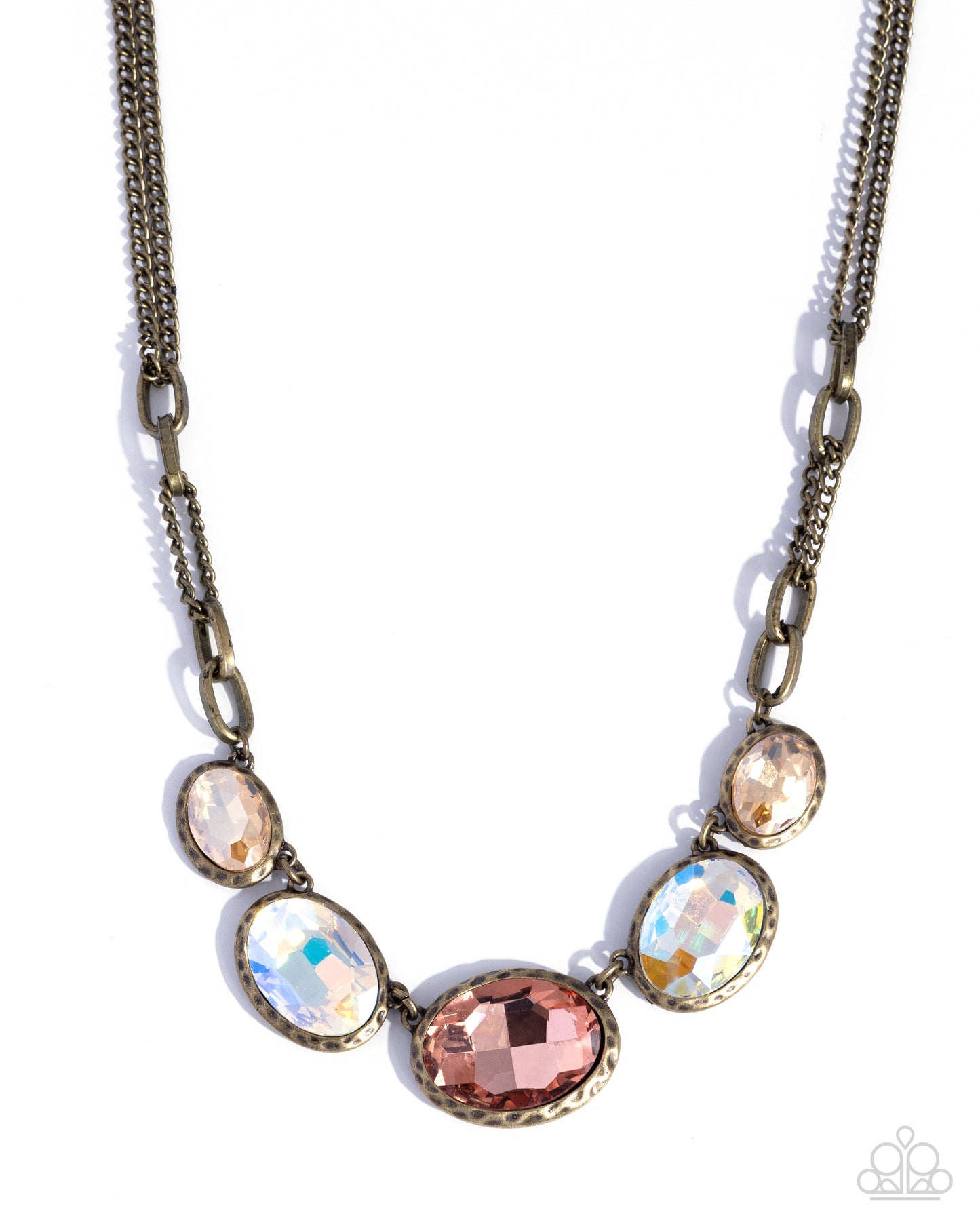 Paparazzi Mic Dropping Color - Brass Hammered Fittings, Champagne & Peach UV Shimmery Gem Necklace N1616