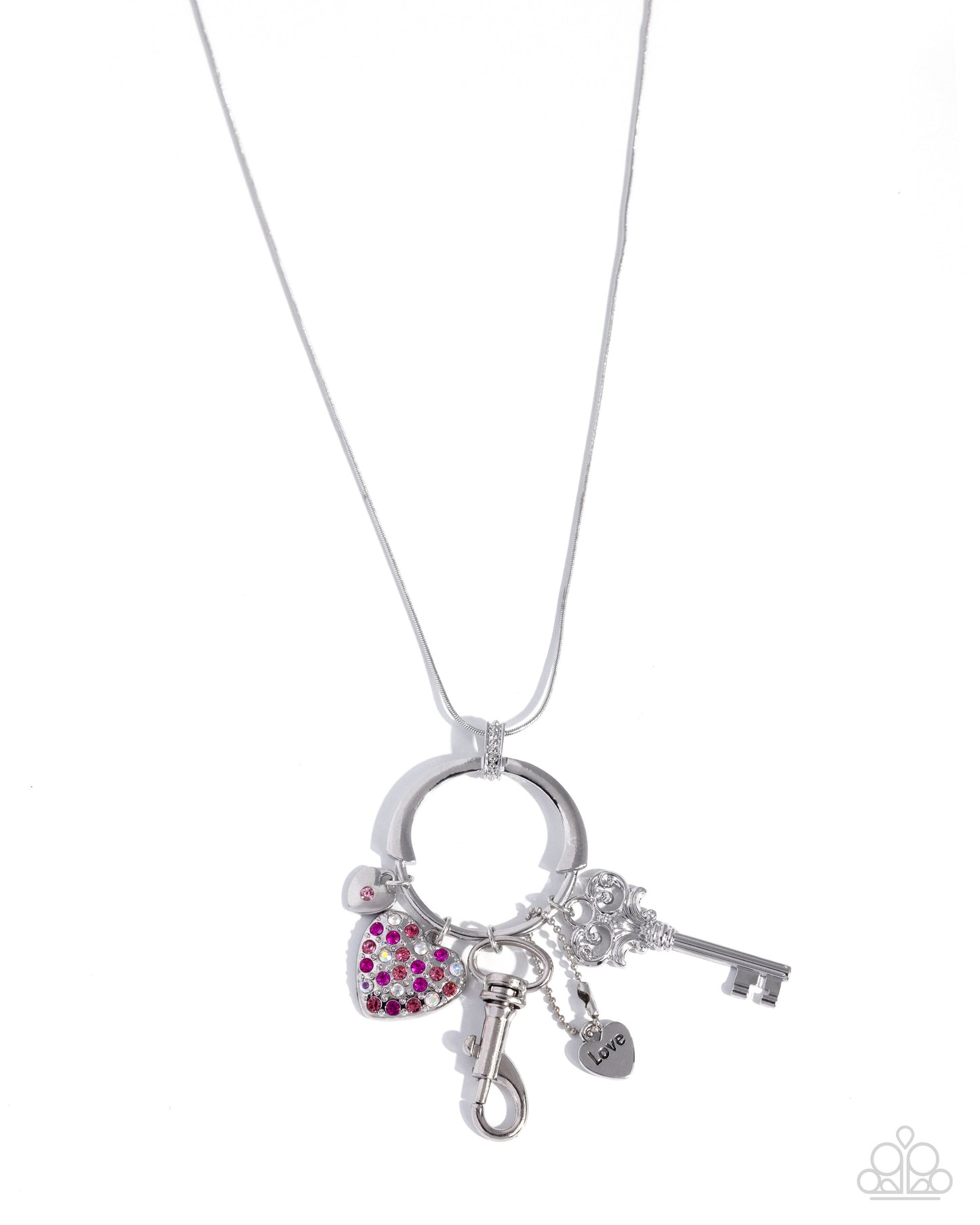Paparazzi Valentines Verse - Pink Light Rose Rhinestone Silver Heart, Key, Heart Padlock Love Charm Style Lanyard Necklace N3874