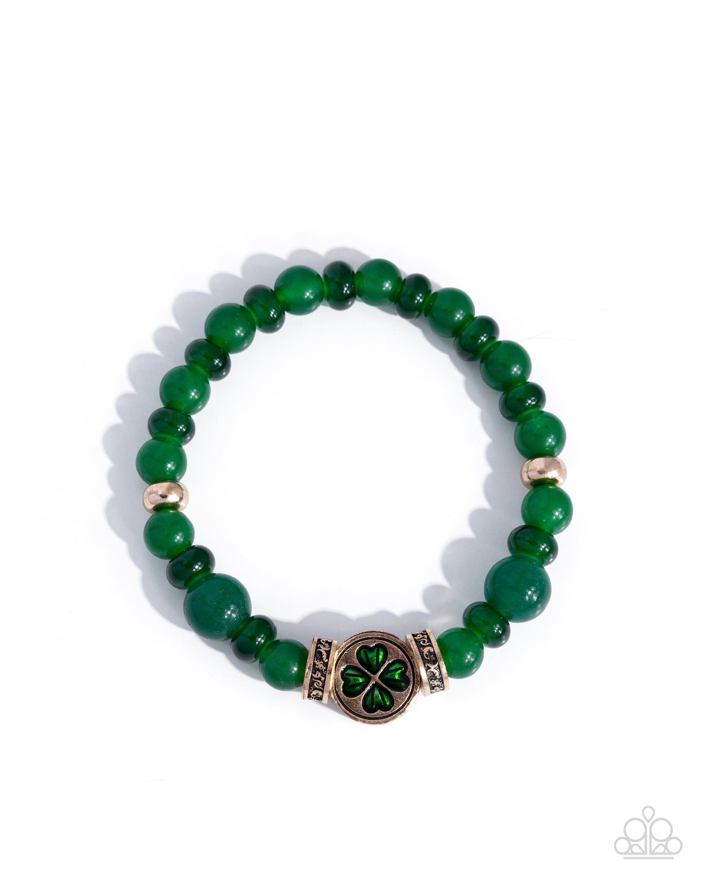 Paparazzi Lucky Lineup - Green Jade Bead Four Leaf Clover Charm Stretch St. Patrick's Day Bracelet B2640