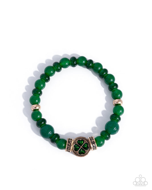 Paparazzi Lucky Lineup - Green Jade Bead Four Leaf Clover Charm Stretch St. Patrick's Day Bracelet B2640
